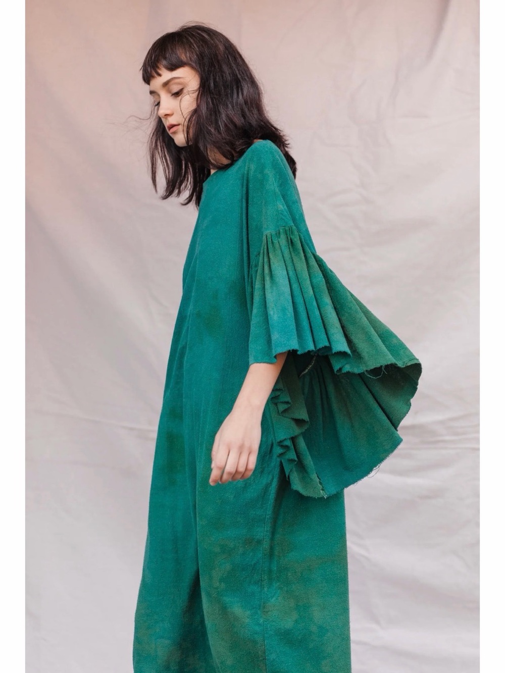 Kate Towers Silk Oyster Dress in Dark Hand Dyed Jade Hues. S/M